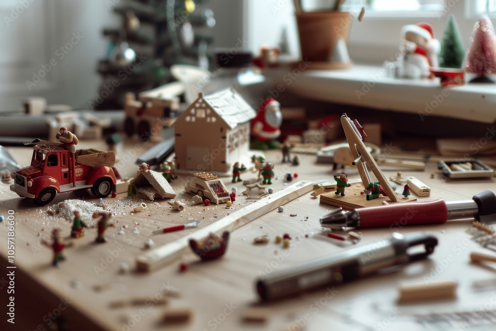 A cozy workshop filled with holiday cheer, featuring a toy-making scene with Santa figurines and model homes, beautifully capturing the festive spirit. A cozy workshop filled with holiday cheer, featuring a toy-making scene with Santa figurines and model homes, beautifully capturing the festive spirit.