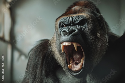 A roaring gorilla reveals its powerful presence amidst dense foliage, exuding raw strength and an intense, commanding energy. photo