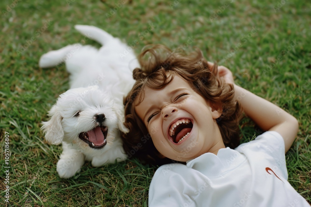 Child and fluffy puppy lying in the grass, both with wide smiles, capturing a moment of pure happiness and companionship in nature. Child and fluffy puppy lying in the grass, both with wide smiles, capturing a moment of pure happiness and companionship in nature.