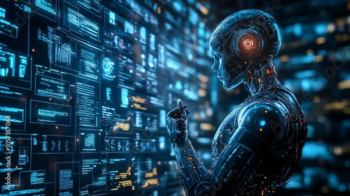 A humanoid robot in a futuristic setting contemplating ethics, symbolizing the advancements in artificial intelligence and the intersection of technology and morality