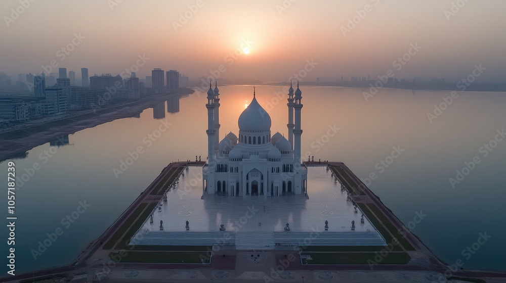 Stunning Aerial View of White Mosque at Sunset with City Skyline and Water Reflection Stunning Aerial View of White Mosque at Sunset with City Skyline and Water Reflection