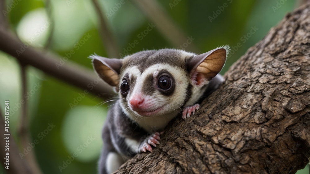 A close-up of a cute sugar glider perched on a tree branch. A close-up of a cute sugar glider perched on a tree branch.