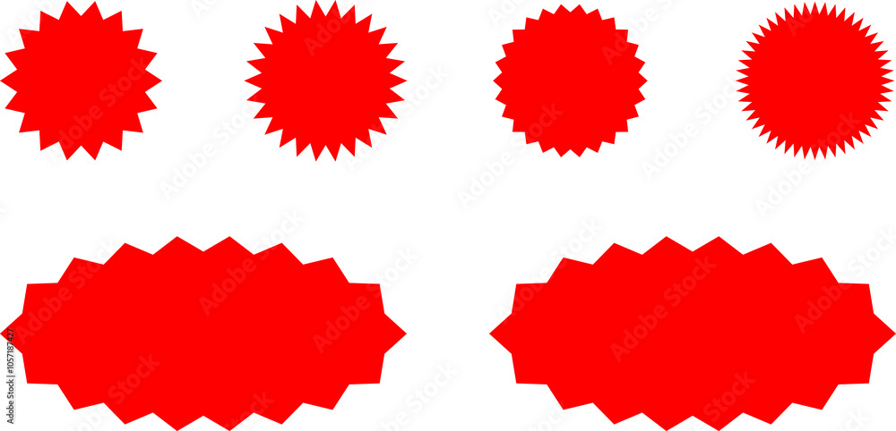 Starburst red sticker set - collection of special offer sale round and oval sunburst labels and buttons isolated on white background. Promo stickers with star edges. Vector Starburst red sticker set - collection of special offer sale round and oval sunburst labels and buttons isolated on white background. Promo stickers with star edges. Vector