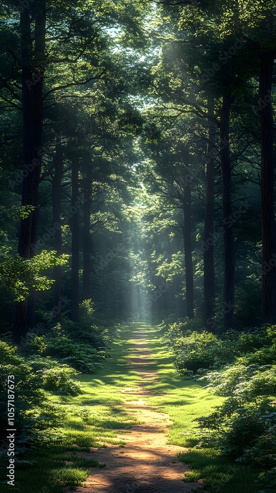 Obraz premium A serene forest pathway illuminated by sunlight, inviting exploration and tranquility.