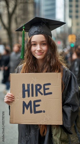 A young graduate in a dark gown, holding a 'Hire Me' sign, stands on a city street, representing the search for employment and future opportunities post-graduation.