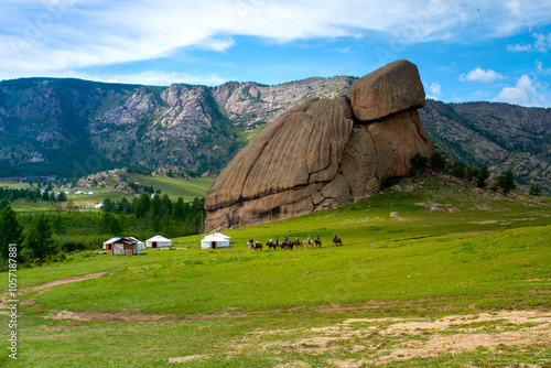Turtle Rock, or Melkhii Khad, the famous gigantesque rock formed into a turtle shape by only wind and rain water in Gorkhi-Terelj National Park, Mongolia
