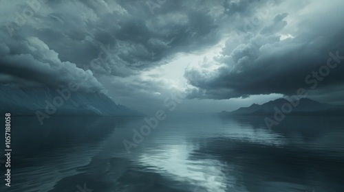 Storm clouds swirling over a large lake, reflecting the dark sky generative ai