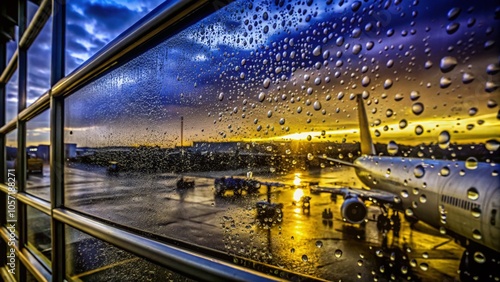 Sunrise Condensation on Airport Terminal Windows at Orlando International Airport, Florida photo