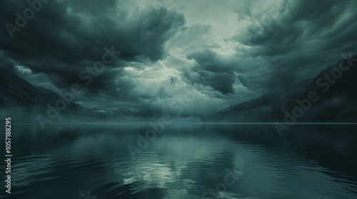 Storm clouds swirling over a large lake, reflecting the dark sky generative ai