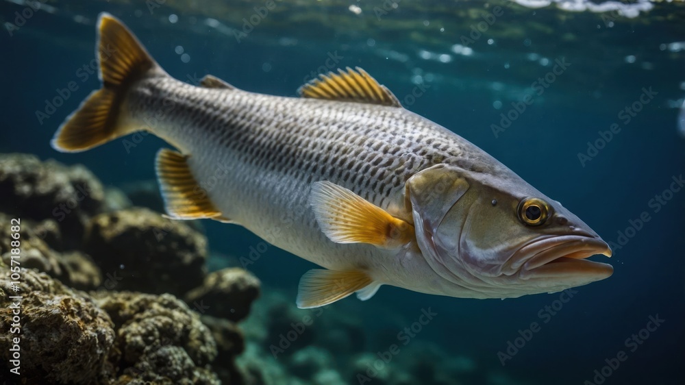 A fish swimming underwater near rocky terrain, showcasing marine life. A fish swimming underwater near rocky terrain, showcasing marine life.