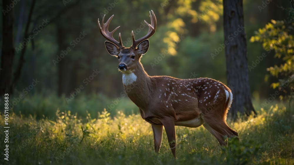 A deer stands gracefully in a sunlit forest clearing, highlighting nature's beauty. A deer stands gracefully in a sunlit forest clearing, highlighting nature's beauty.
