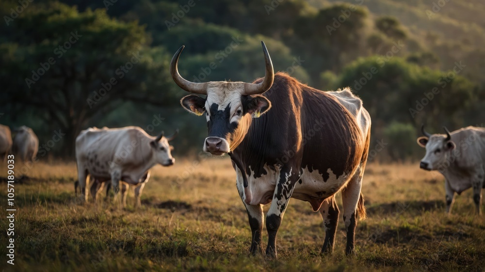 A herd of cattle grazing in a serene landscape during golden hour. A herd of cattle grazing in a serene landscape during golden hour.