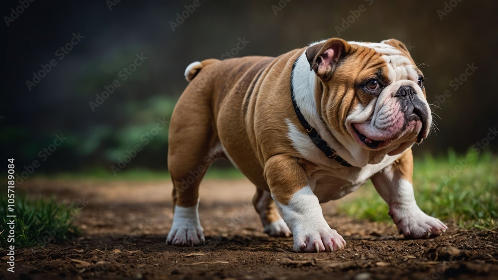 A playful bulldog walking on a dirt path in a natural setting. A playful bulldog walking on a dirt path in a natural setting.