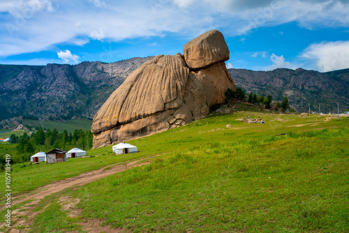 Turtle Rock, or Melkhii Khad, the famous gigantesque rock formed into a turtle shape by only wind and rain water in Gorkhi-Terelj National Park, Mongolia photo