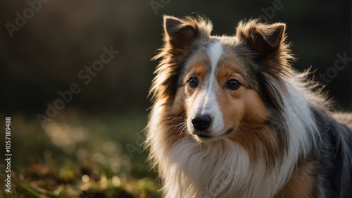 A close-up of a collie dog in a natural setting, capturing its expressive features.