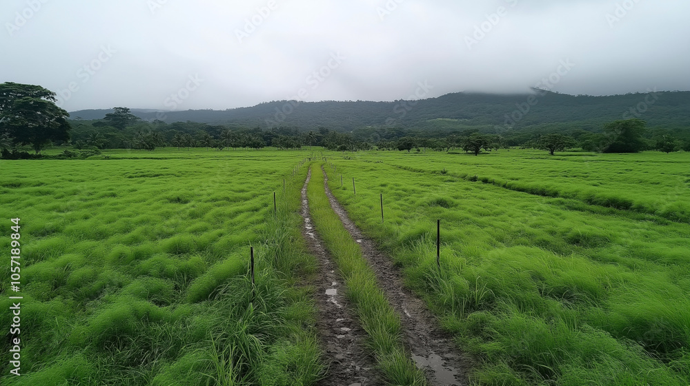 Lush green field with a muddy path leading through the landscape, surrounded by dense trees and hills under an overcast sky. Lush green field with a muddy path leading through the landscape, surrounded by dense trees and hills under an overcast sky.