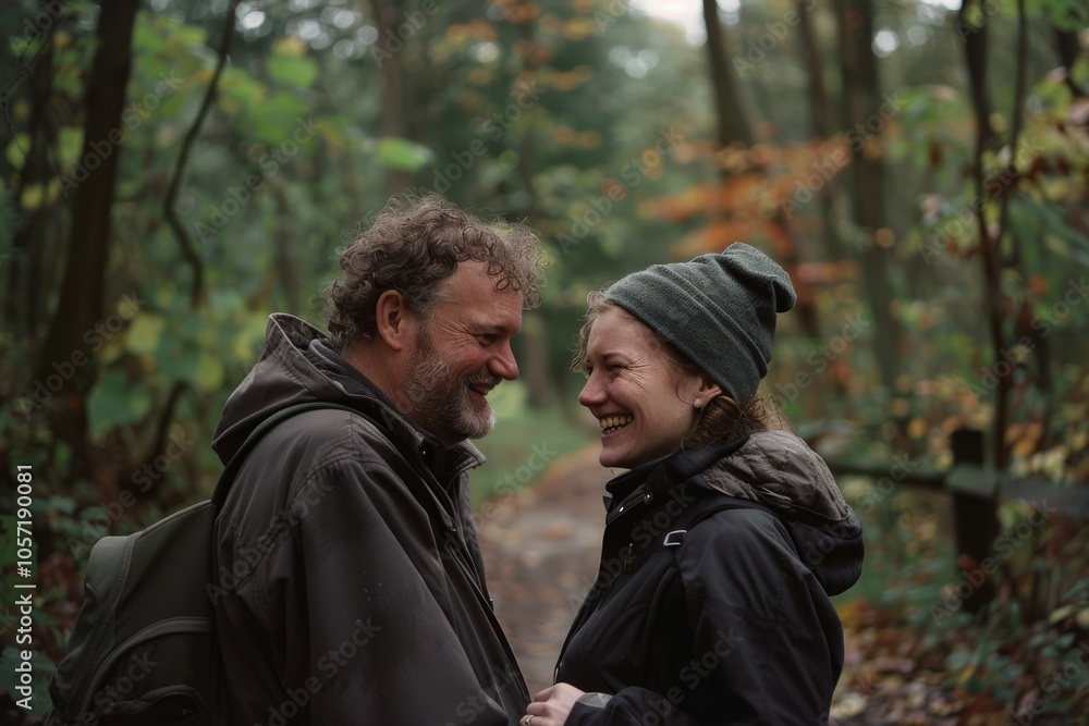 Sharing a laugh, two friends enjoy a refreshing walk in the lush, green forest, surrounded by vibrant autumn colors and crisp air. Sharing a laugh, two friends enjoy a refreshing walk in the lush, green forest, surrounded by vibrant autumn colors and crisp air.