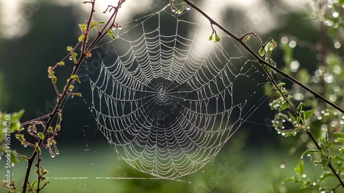 Wallpaper Mural Spider web with dewdrops in morning light between branches, greenery background Torontodigital.ca