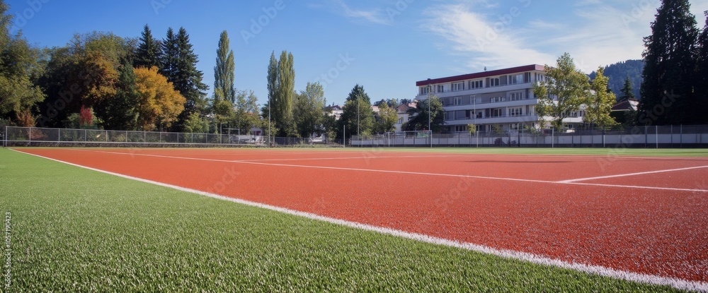 The tennis court features bright red playing surface and lush green grass, set under a clear blue sky with trees and a school building nearby, creating an inviting atmosphere for sports The tennis court features bright red playing surface and lush green grass, set under a clear blue sky with trees and a school building nearby, creating an inviting atmosphere for sports