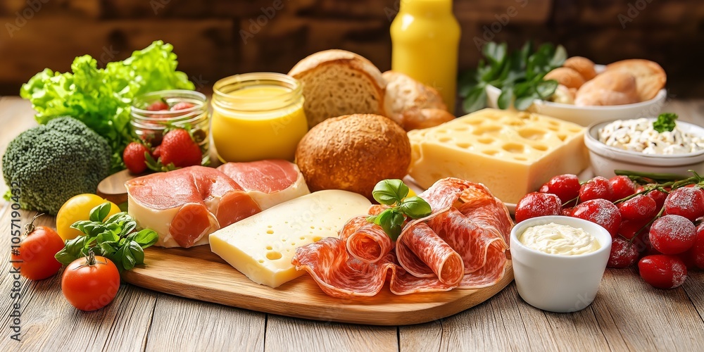 A rich selection of breakfast items including cheese, meats, and fresh produce set on a rustic wooden table. A rich selection of breakfast items including cheese, meats, and fresh produce set on a rustic wooden table.