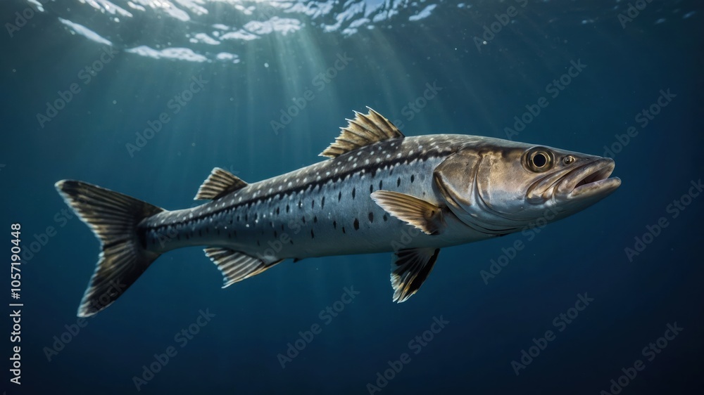 A barracuda swimming gracefully in the ocean, illuminated by sunlight from above. A barracuda swimming gracefully in the ocean, illuminated by sunlight from above.