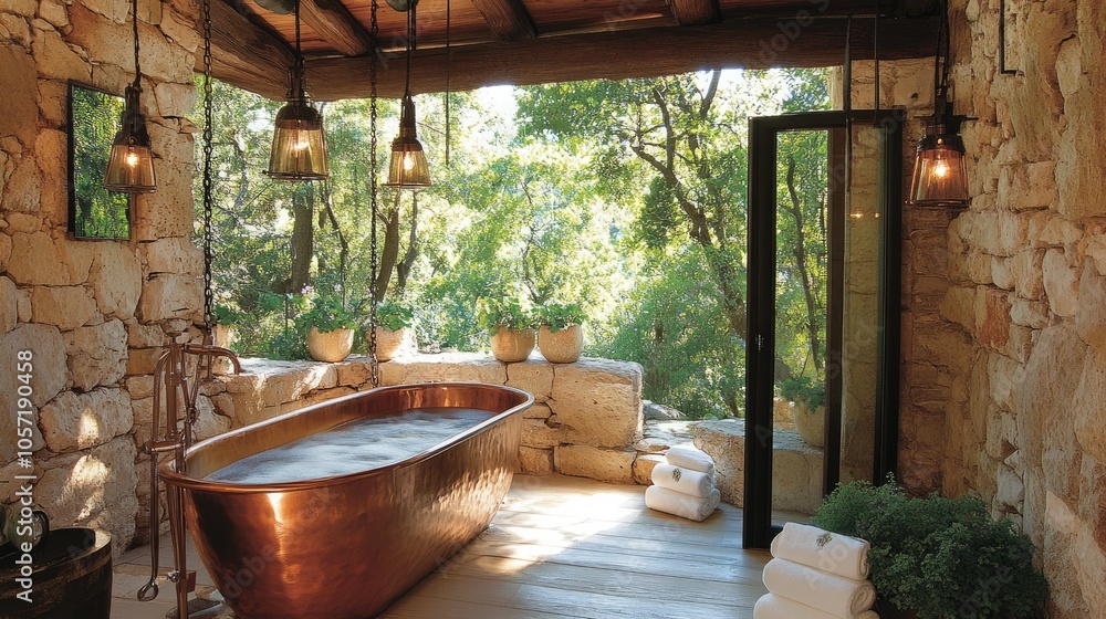 Serene Indoor Spa with Copper Tub and Natural Light Serene Indoor Spa with Copper Tub and Natural Light