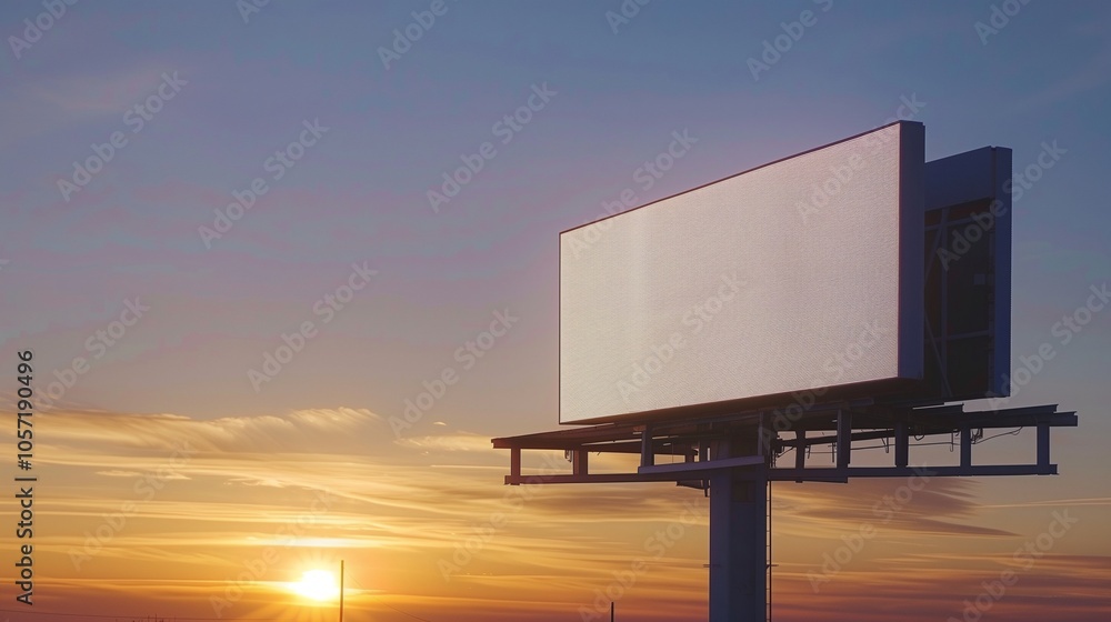 : A modern billboard positioned against a serene sunset sky, with the sun dipping below the horizon and casting a warm glow. : A modern billboard positioned against a serene sunset sky, with the sun dipping below the horizon and casting a warm glow.
