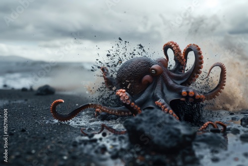 An octopus emerges at the water's edge, its tentacles stretching as waves crash and mist rises, embodying the raw power and mystery of the sea. photo