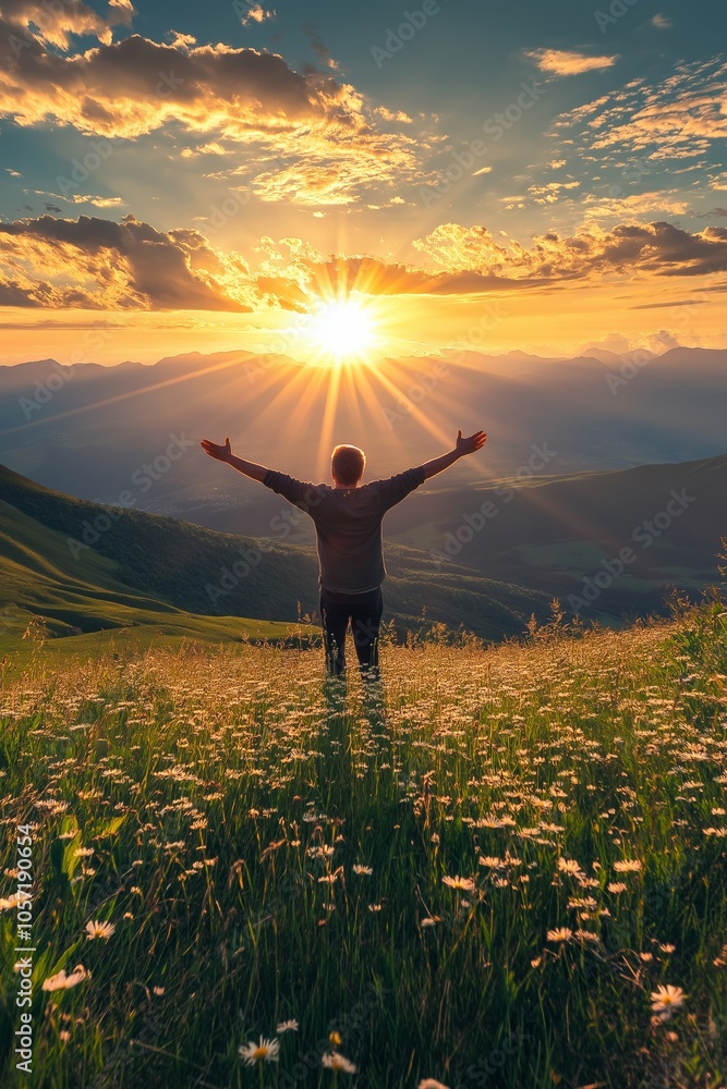 Person embraces sunset on meadow, radiating peace and freedom amidst nature’s vibrant display.