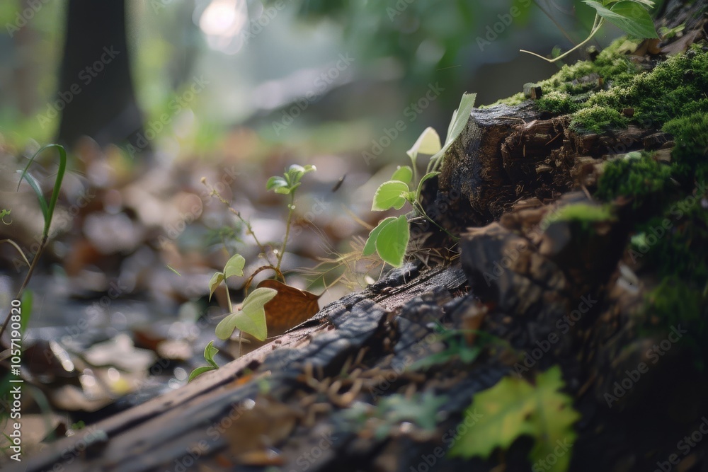 Forest floor with lush moss and new growth, portraying the serene beauty of nature's cycle. Forest floor with lush moss and new growth, portraying the serene beauty of nature's cycle.