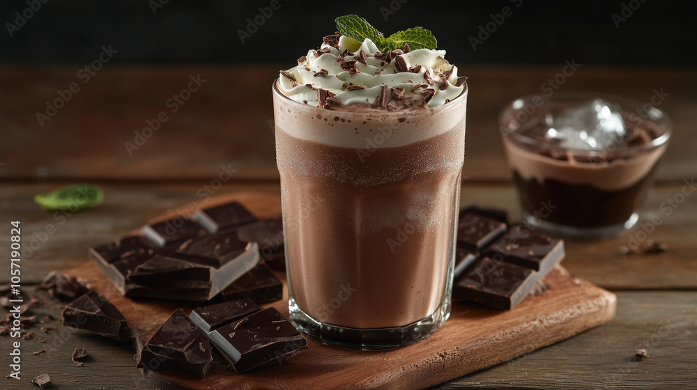 Chocolate Milkshake Delight: A tempting glass of chocolate milkshake topped with whipped cream and chocolate shavings, surrounded by squares of dark chocolate and a bowl of ice cream. Chocolate Milkshake Delight: A tempting glass of chocolate milkshake topped with whipped cream and chocolate shavings, surrounded by squares of dark chocolate and a bowl of ice cream.