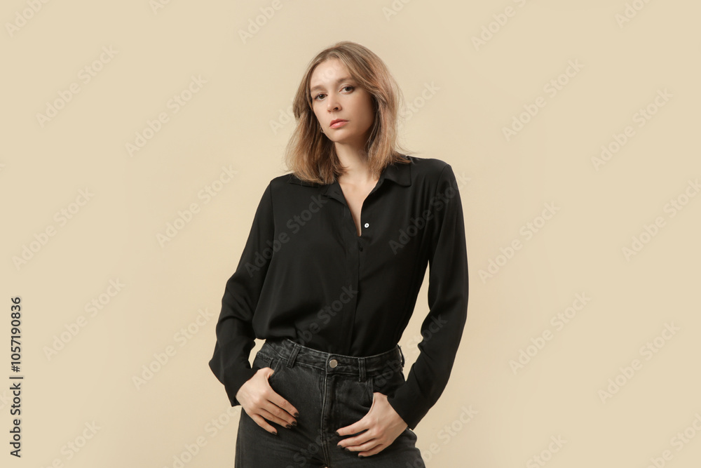 Serie of studio photos of woman in classic smart casual outfit - black denim trousers, black button down shirt and high heels. Serie of studio photos of woman in classic smart casual outfit - black denim trousers, black button down shirt and high heels.