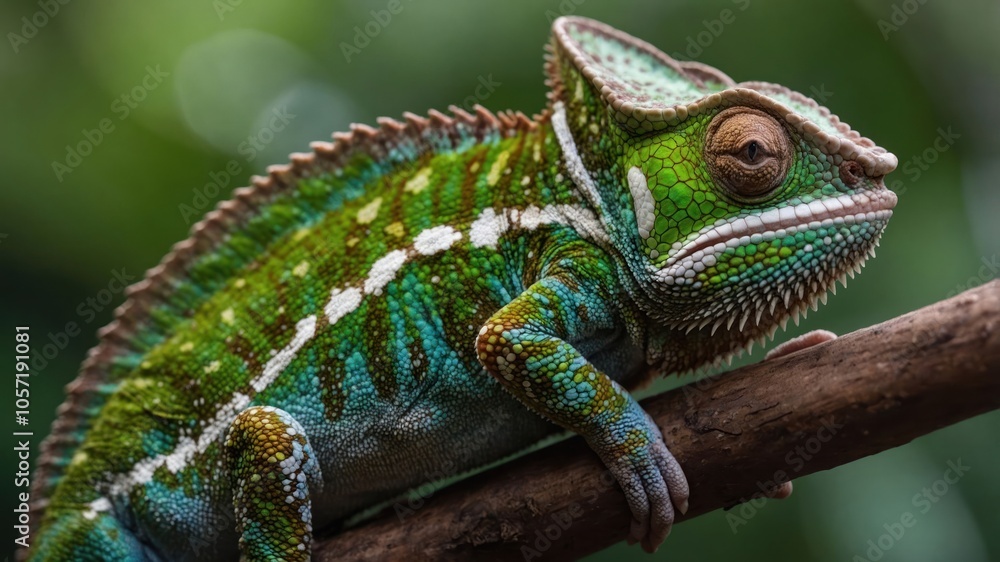 A close-up of a vibrant chameleon resting on a branch, showcasing its colorful skin. A close-up of a vibrant chameleon resting on a branch, showcasing its colorful skin.