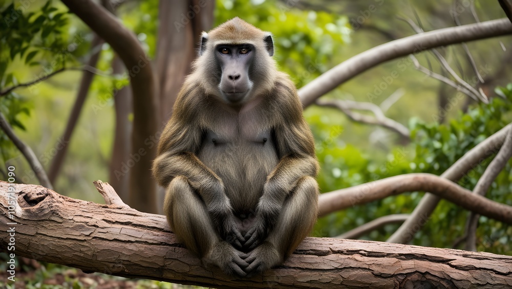 Obraz premium Portrait of a cute baby baboon sitting in a tree, showcasing its fur and expressive face in a natural wildlife setting