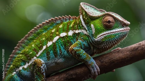 A close-up of a vibrant chameleon resting on a branch, showcasing its colorful skin.