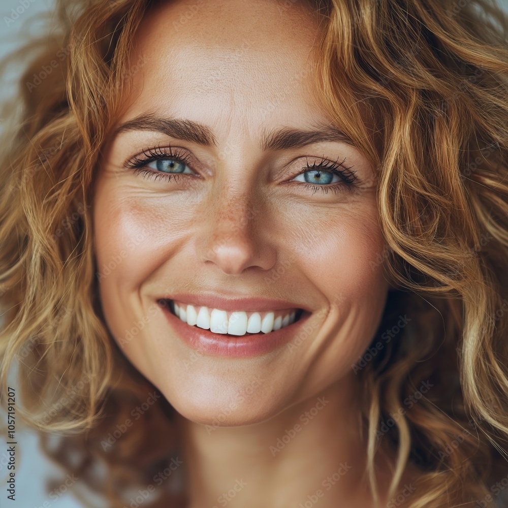 A cheerful woman with curly hair is smiling widely, radiating a sense of happiness and positive energy in a bright room. A cheerful woman with curly hair is smiling widely, radiating a sense of happiness and positive energy in a bright room.