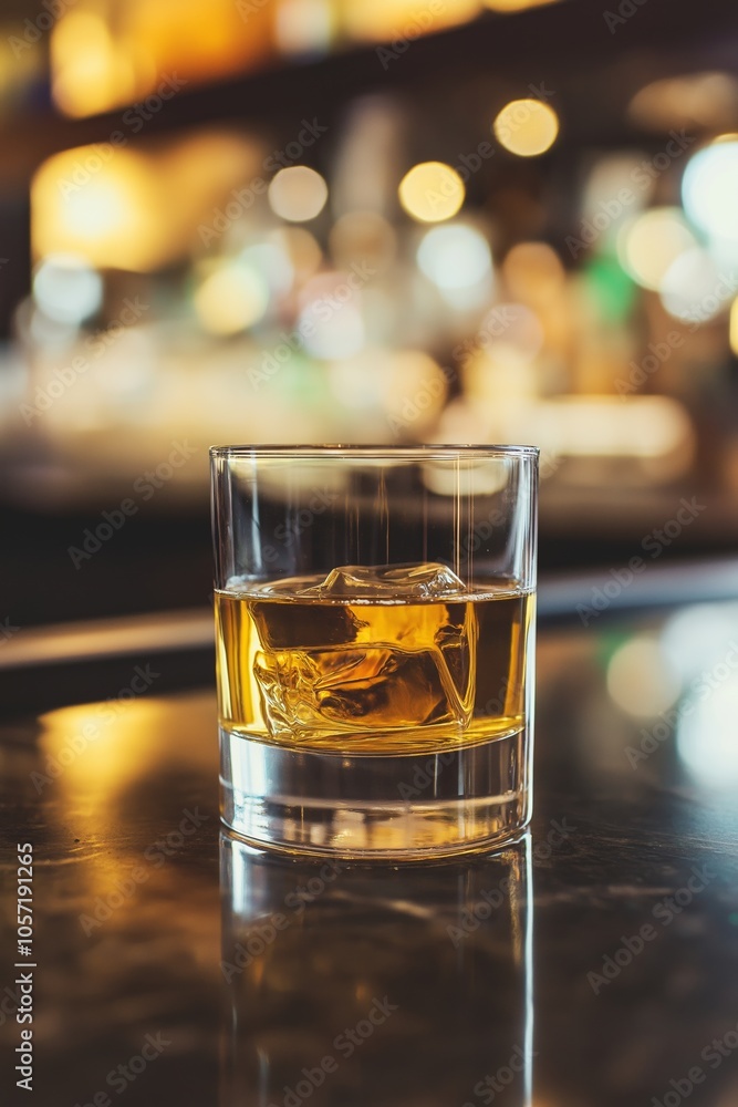 A glass of whiskey with ice, reflecting light, shines on a bar counter's smooth surface. A glass of whiskey with ice, reflecting light, shines on a bar counter's smooth surface.