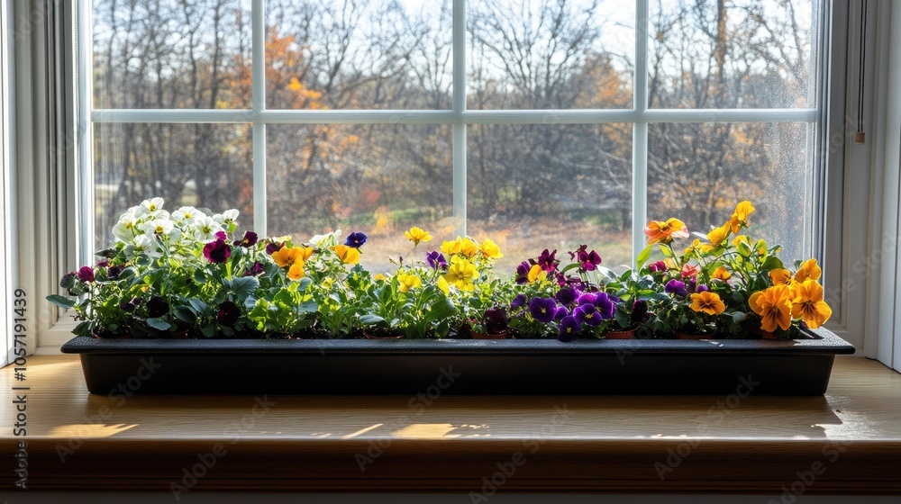 Colorful Pansies in Window Planter with Natural Light Colorful Pansies in Window Planter with Natural Light