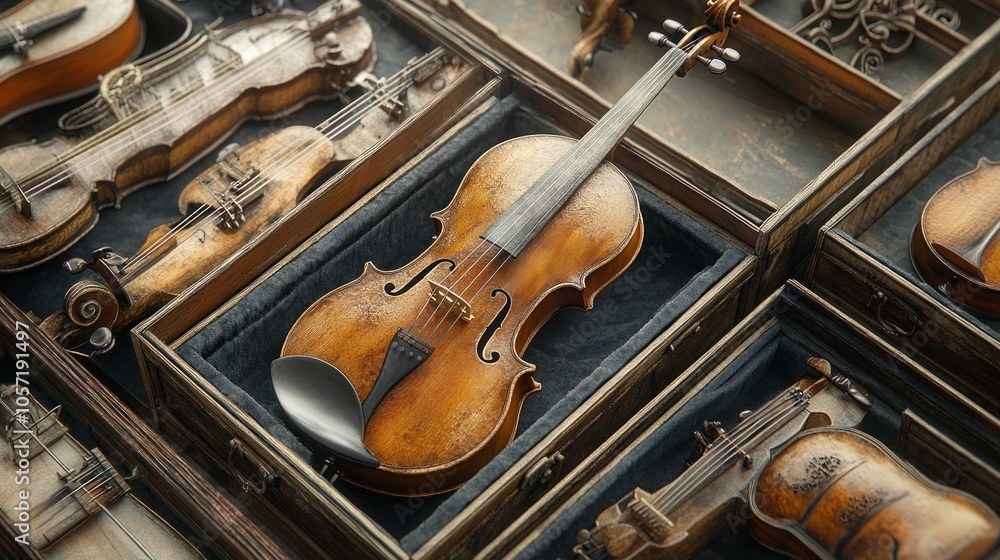 Naklejka premium A collection of vintage violins displayed in wooden boxes.