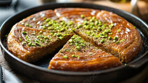 A freshly baked knefe garnished with green pistachios, syrup glistening on top, with a piece being served from the pan. photo