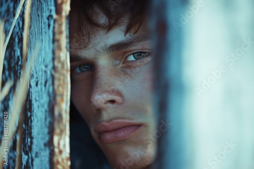 Close-up portrait of a contemplative person with intense gaze, reflecting solitude and introspection on their face. photo