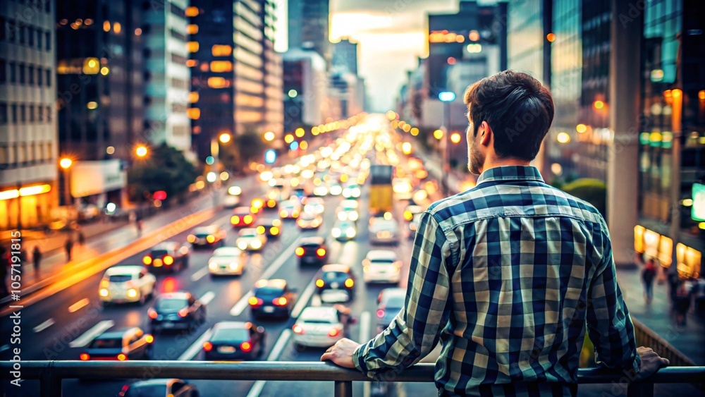 Dusk cityscape, skyscrapers, lights, traffic, person overlooking V1 Dusk cityscape, skyscrapers, lights, traffic, person overlooking V1