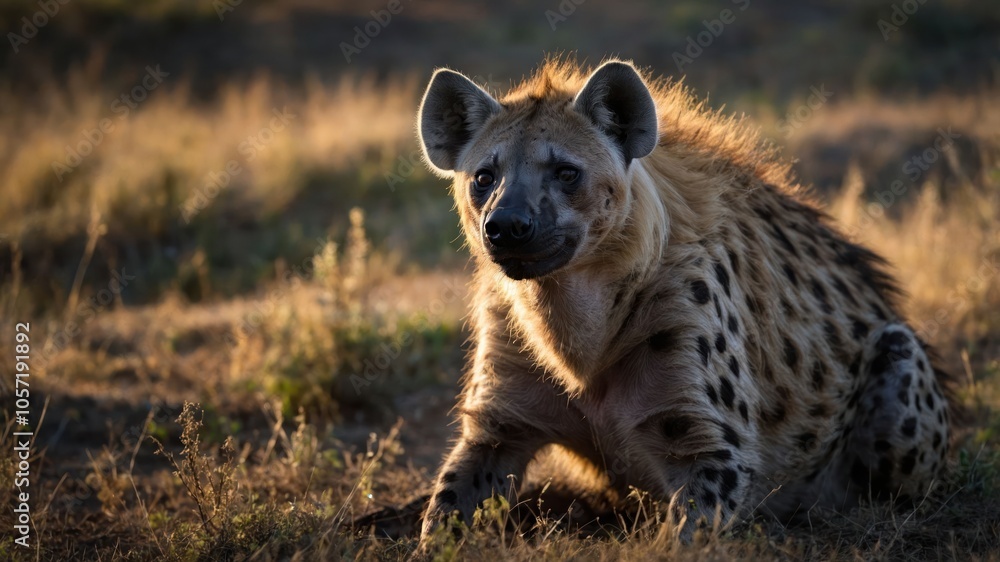 A hyena resting in the grass during golden hour, showcasing its distinctive coat and features. A hyena resting in the grass during golden hour, showcasing its distinctive coat and features.