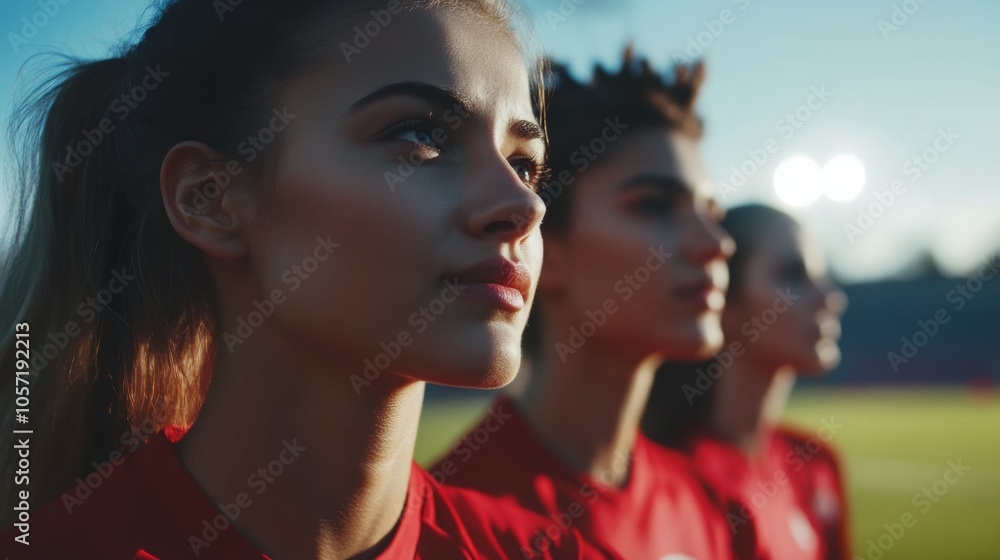 Three young female athletes wearing red jerseys look ahead with determination on a soccer field during evening practice as the sun sets behind them Three young female athletes wearing red jerseys look ahead with determination on a soccer field during evening practice as the sun sets behind them