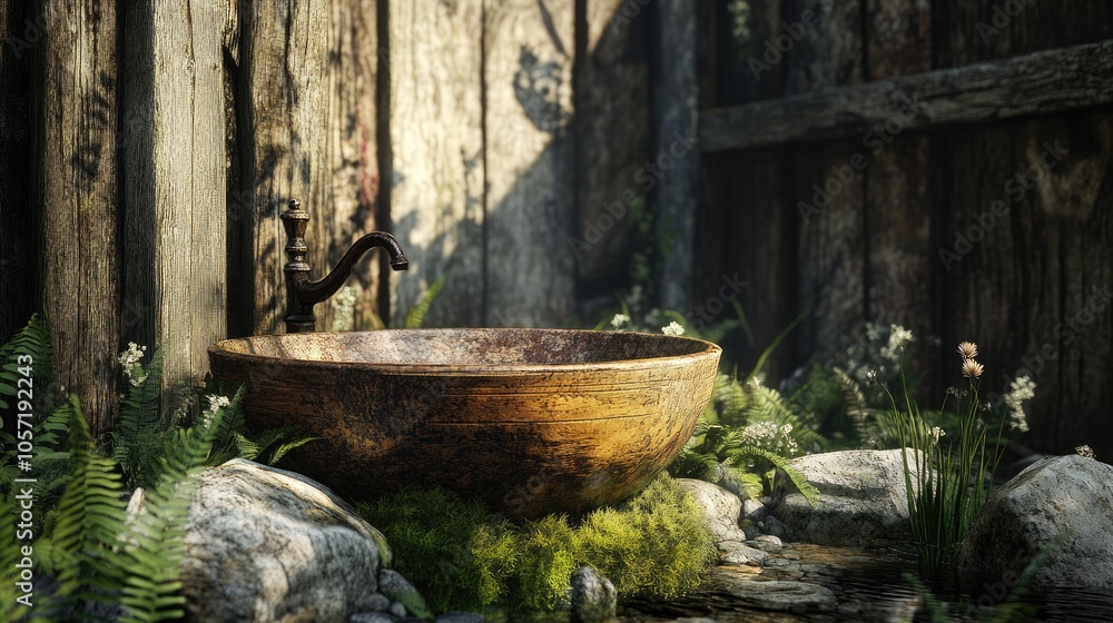 Rustic Wooden Sink Surrounded by Greenery Rustic Wooden Sink Surrounded by Greenery