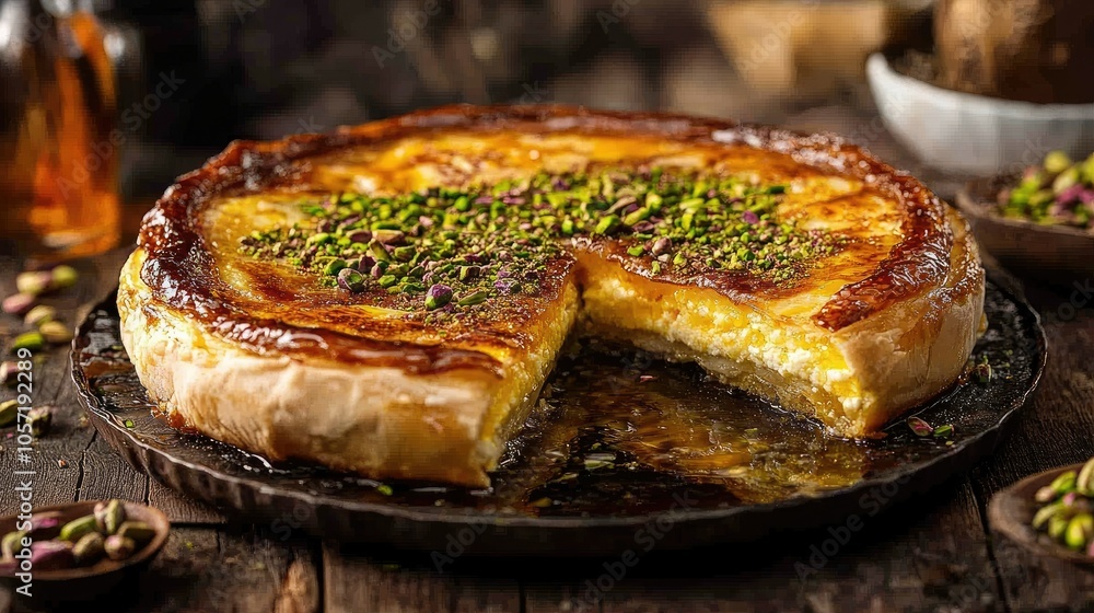 A freshly baked kunefe with a layer of pistachios, syrup glistening, and the cheese stretching as it pulled apart. A freshly baked kunefe with a layer of pistachios, syrup glistening, and the cheese stretching as it pulled apart.