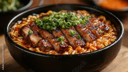 Spicy ramen bowl featuring tender noodles, savory broth, and slices of succulent pork, garnished with green onions and chili flakes