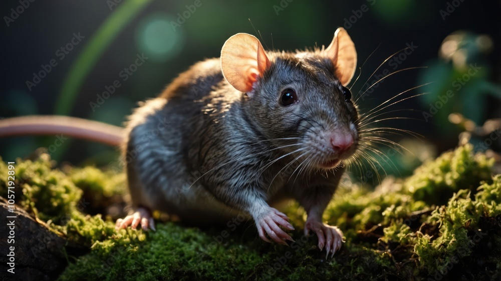 A close-up of a rat on moss, highlighting its features in a natural setting. A close-up of a rat on moss, highlighting its features in a natural setting.