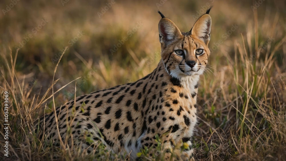 A serval cat rests in tall grass, showcasing its distinctive spotted coat and alert expression. A serval cat rests in tall grass, showcasing its distinctive spotted coat and alert expression.
