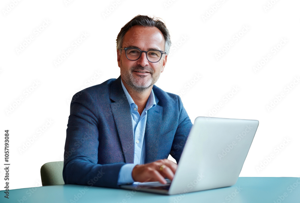 PNG Portrait of a confident businessman glasses laptop smiling. PNG Portrait of a confident businessman glasses laptop smiling.